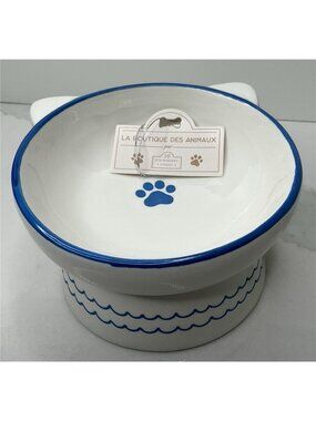 Elevated Cat Bowl 10 Strawberry Street White Blue Ceramic Food Water Dish New